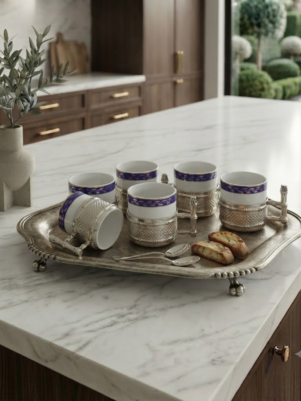 Vintage Monopoli Italy Porcelain & Silver-Plated Bamboo-Style Espresso Cups